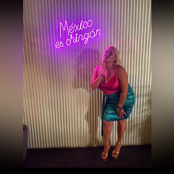 Two Tone Draped Ruched Side Satin Cami Dress - Picture 8 of 9